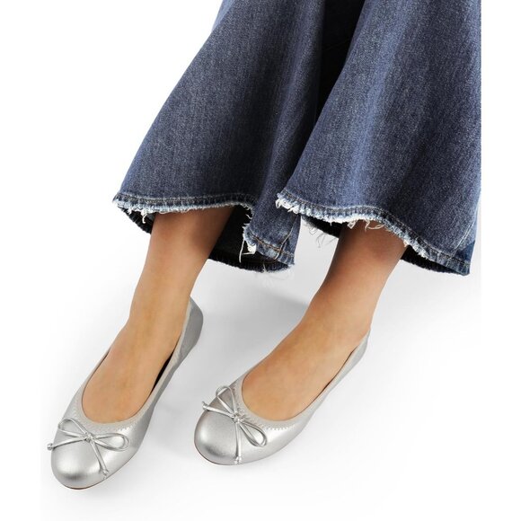 Women's Silver Flats Foldable Ballet Bowknot Round Toe Comfort Light Weight - Picture 7 of 9